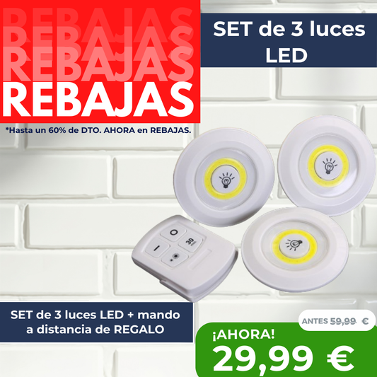 Pack de 3 focos LED + mando de control (GRATIS).